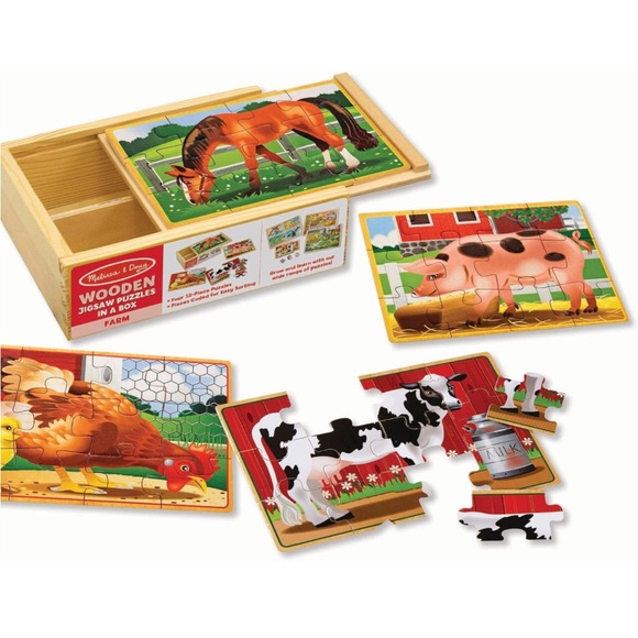 NWT Melissa & Doug wooden puzzles in a box farm animals cow horse pig rooster - Picture 3 of 6